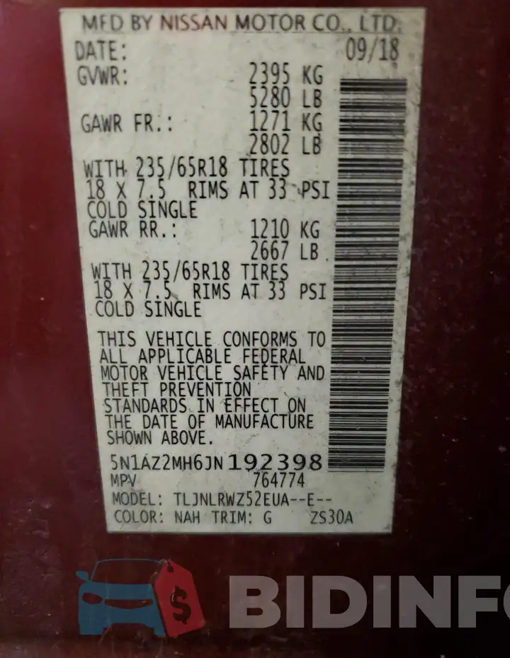 5N1AZ2MH6JN192398 Photo# 14