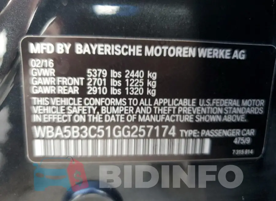 WBA5B3C51GG257174 Photo# 13