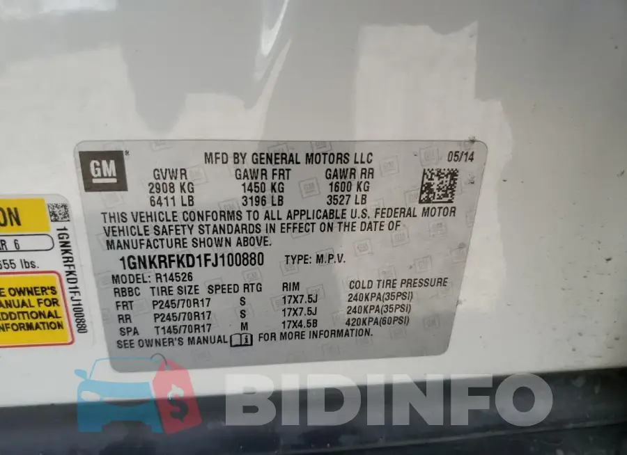 1GNKRFKD1FJ100880 Photo# 13