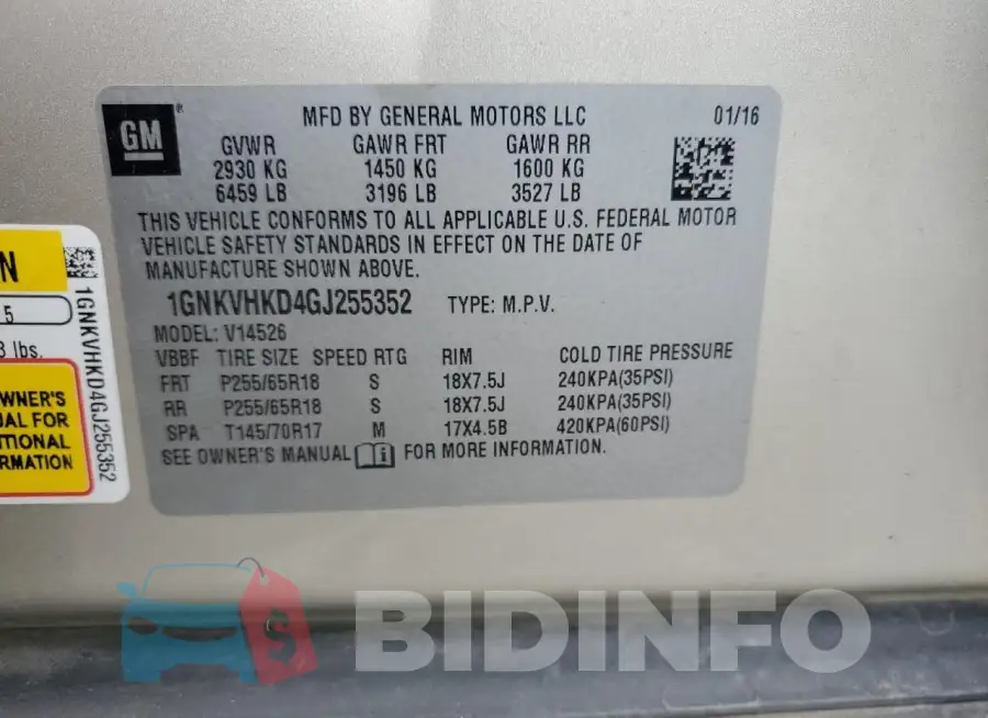 1GNKVHKD4GJ255352 Photo# 13