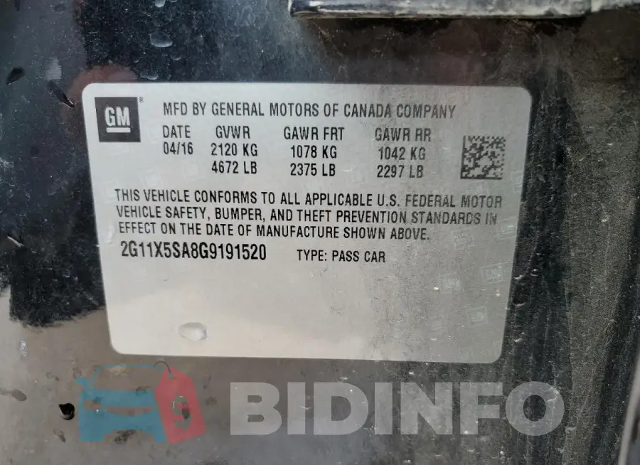 2G11X5SA8G9191520 Photo# 12