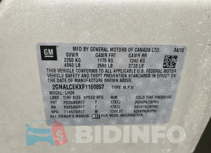 2GNALCEKXF1160897 Photo# 13