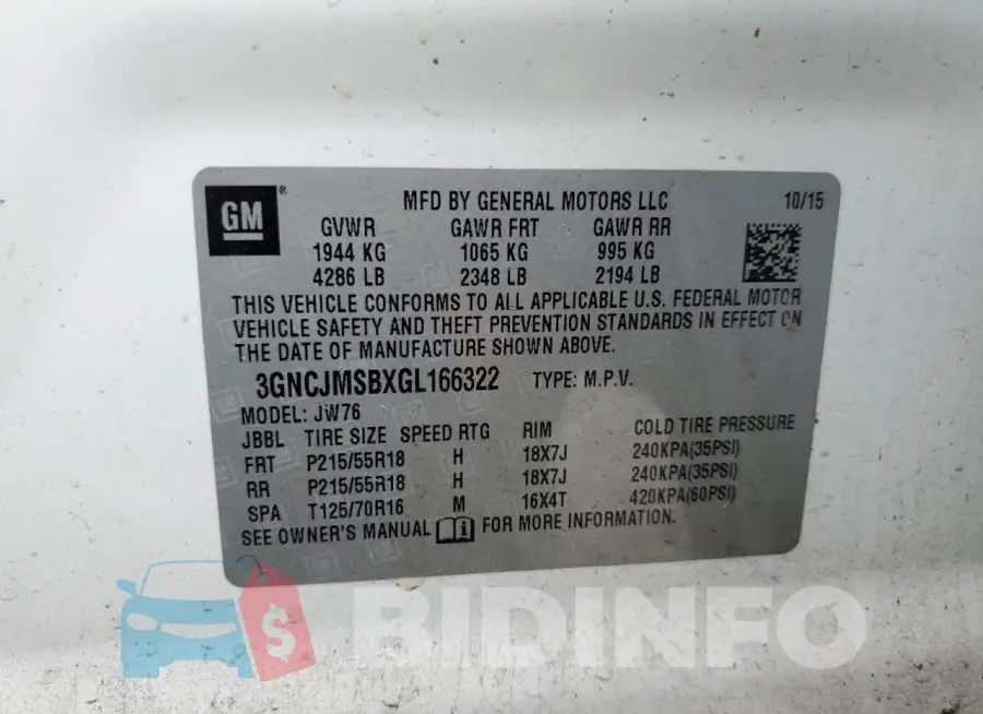 3GNCJMSBXGL166322 Photo# 13