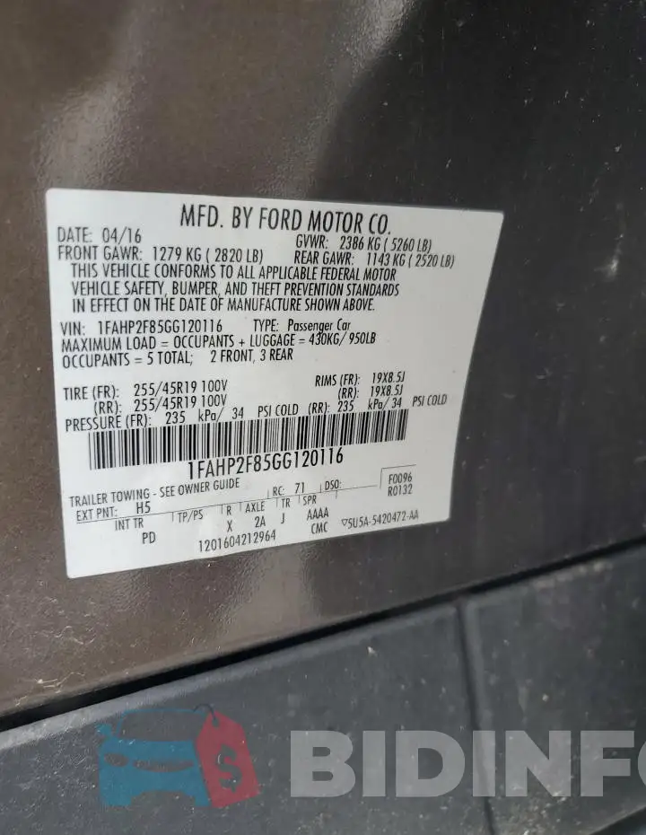 1FAHP2F85GG120116 Photo# 13