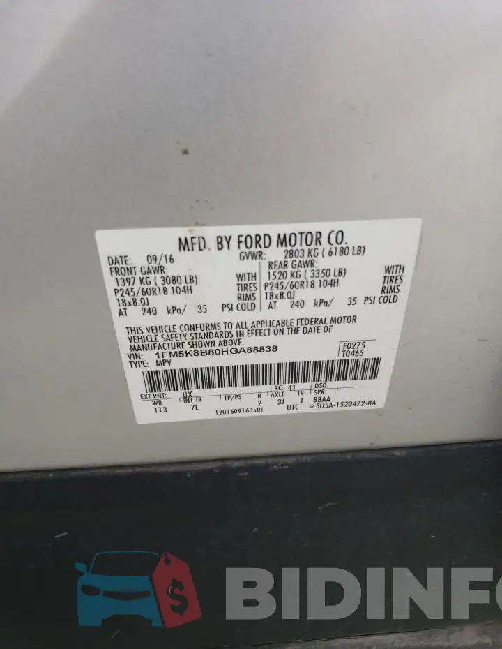 1FM5K8B80HGA88838 Photo# 13