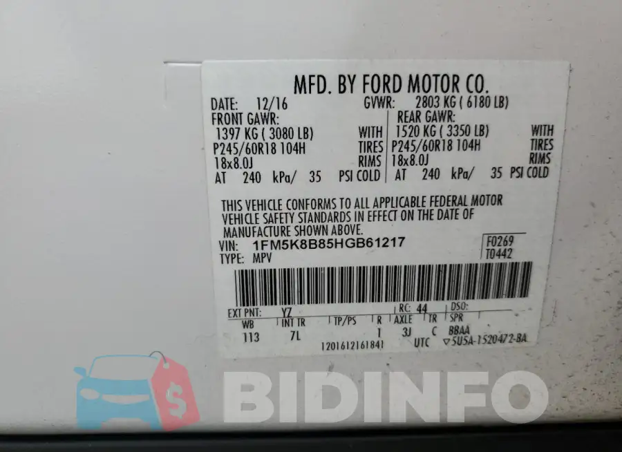 1FM5K8B85HGB61217 Photo# 13