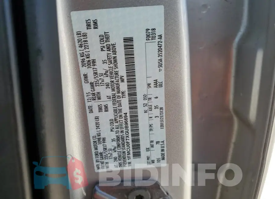 1FMCU0F7XGUB96694 Photo# 13