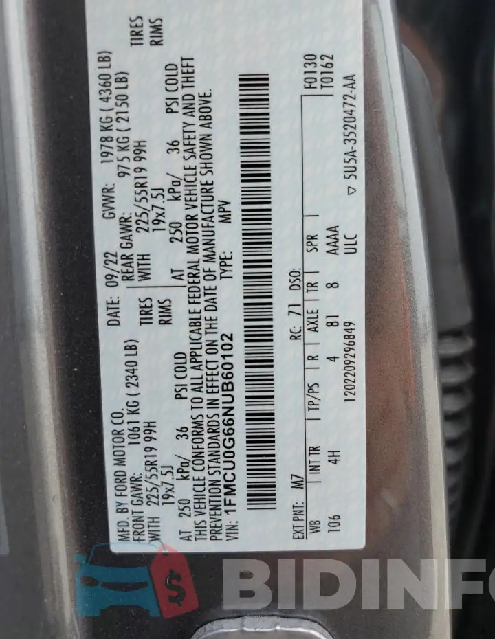 1FMCU0G66NUB60102 Photo# 12