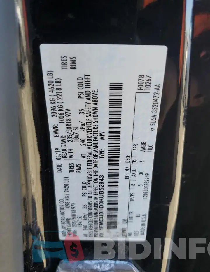 1FMCU0HD0KUB52943 Photo# 12