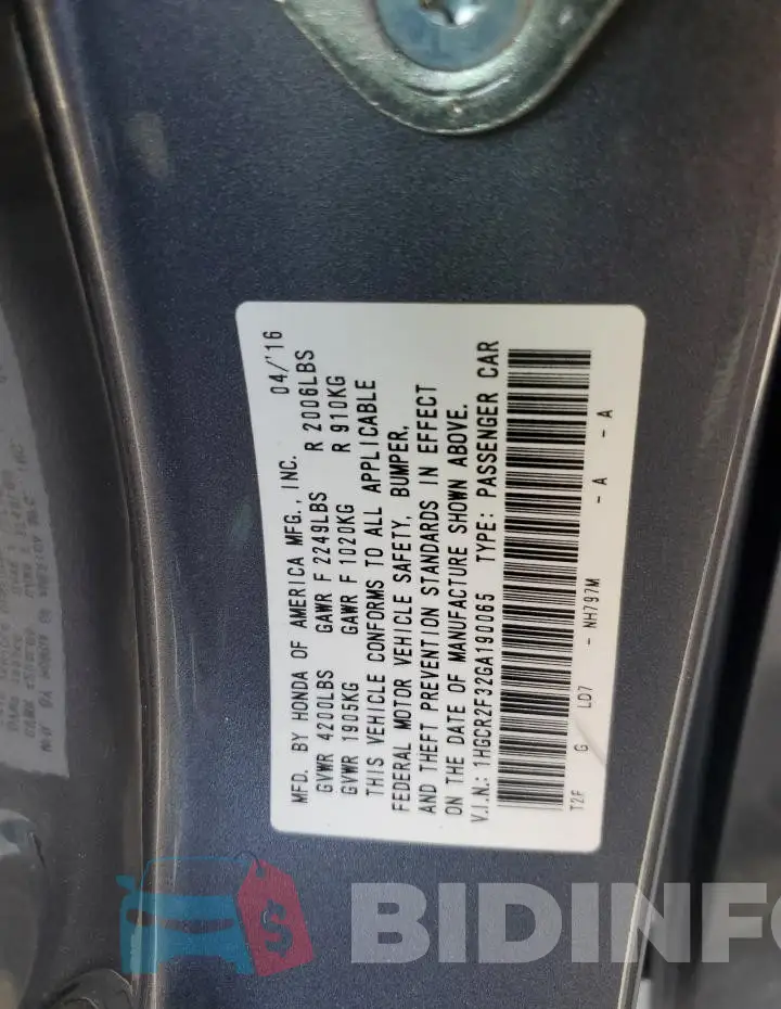 1HGCR2F32GA190065 Photo# 12