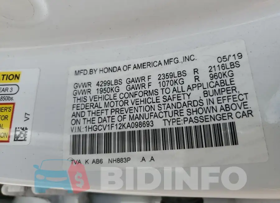 1HGCV1F12KA098693 Photo# 12
