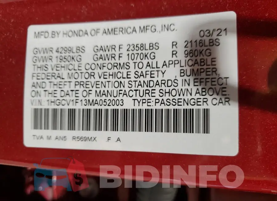 1HGCV1F13MA052003 Photo# 12