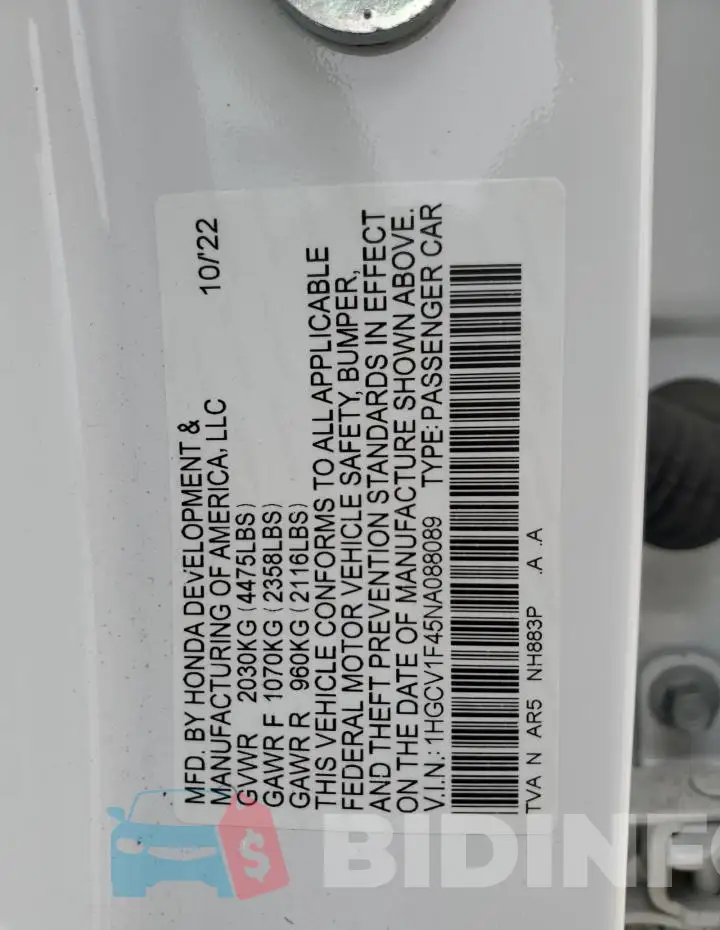 1HGCV1F45NA088089 Photo# 12