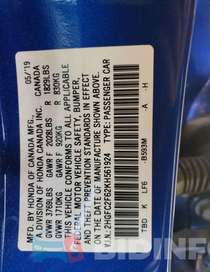 2HGFC2F62KH561924 Photo# 12