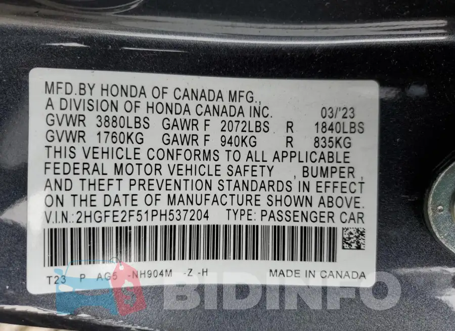 2HGFE2F51PH537204 Photo# 12