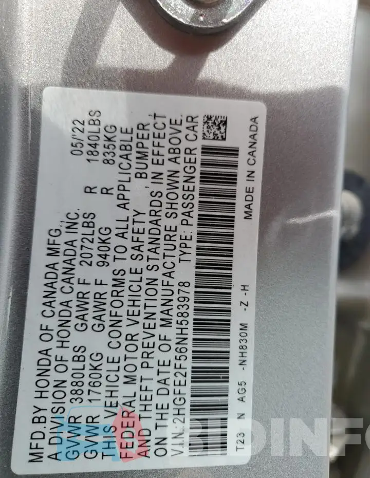 2HGFE2F56NH583978 Photo# 12