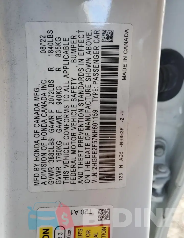 2HGFE2F57NH601159 Photo# 13