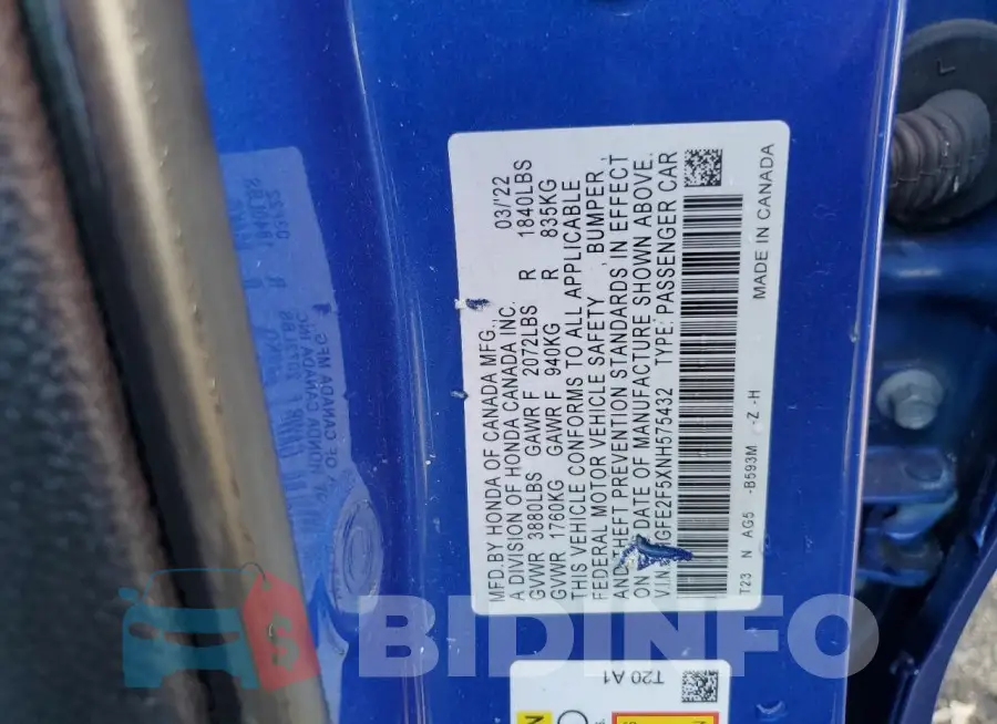 2HGFE2F5XNH575432 Photo# 12