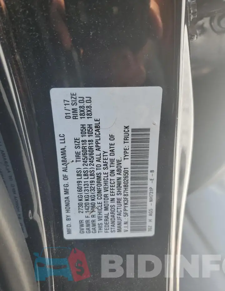5FPYK3F87HB026501 Photo# 12