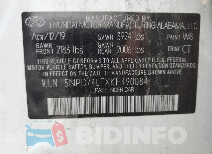 5NPD74LFXKH490084 Photo# 13