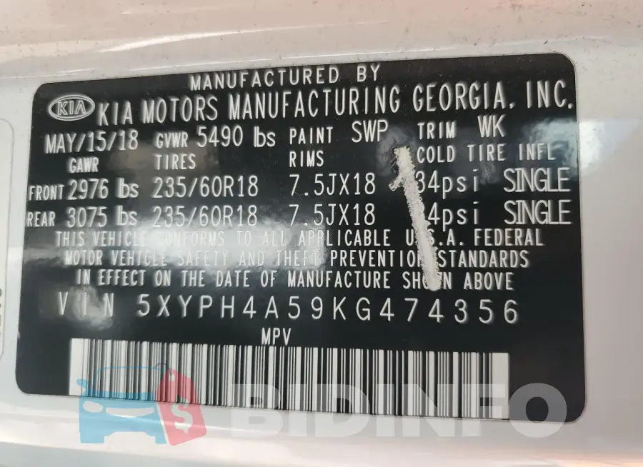 5XYPH4A59KG474356 Photo# 12