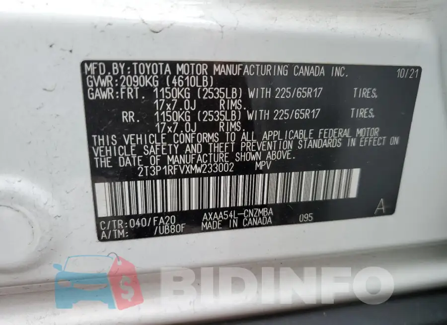 2T3P1RFVXMW233002 Photo# 12