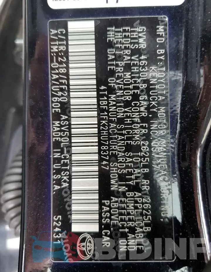 4T1BF1FK2HU783747 Photo# 12