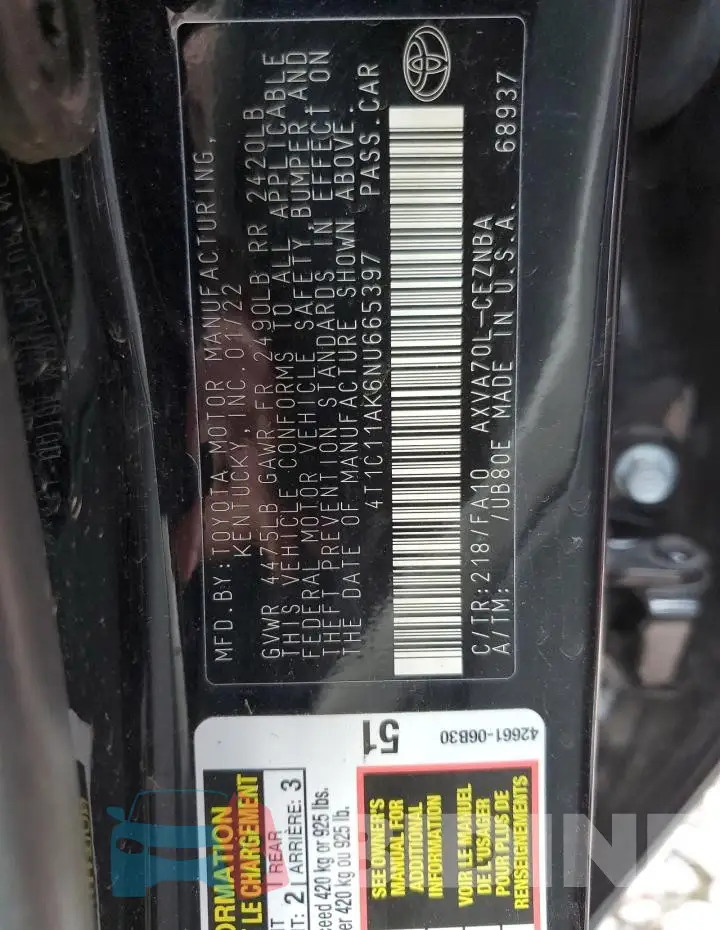 4T1C11AK6NU665397 Photo# 12
