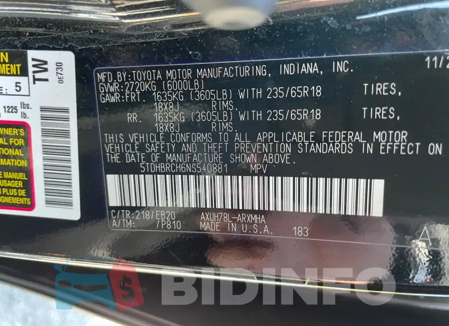 5TDHBRCH6NS540881 Photo# 10