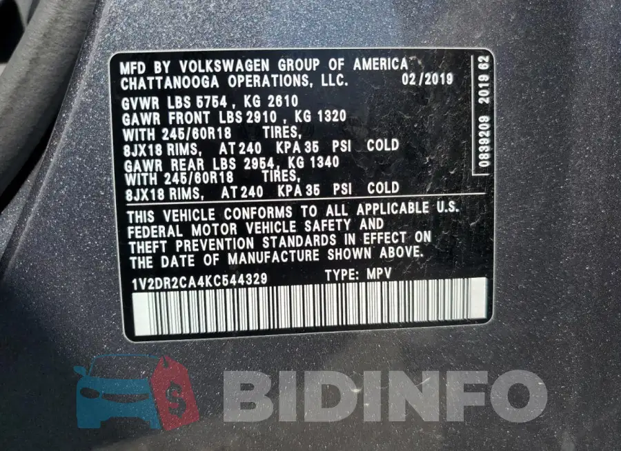 1V2DR2CA4KC544329 Photo# 13