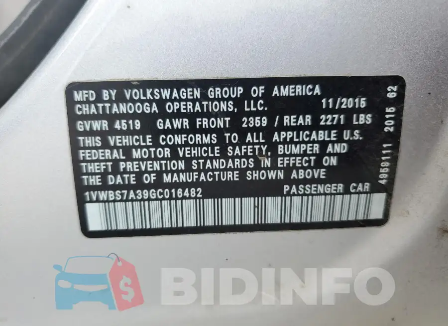 1VWBS7A39GC016482 Photo# 12