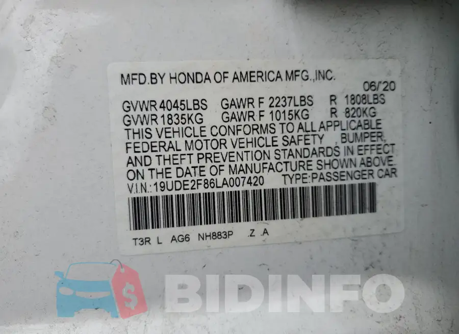 19UDE2F86LA007420 Photo# 12