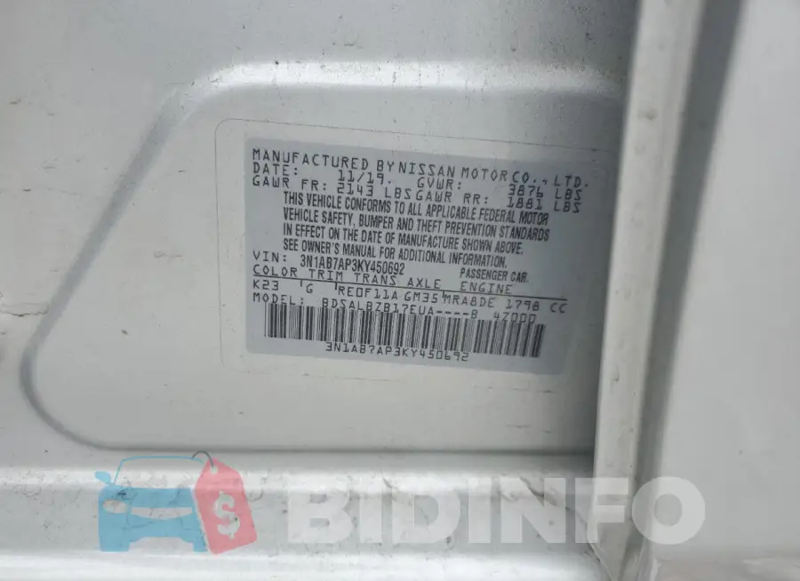 3N1AB7AP3KY450692 Photo# 12