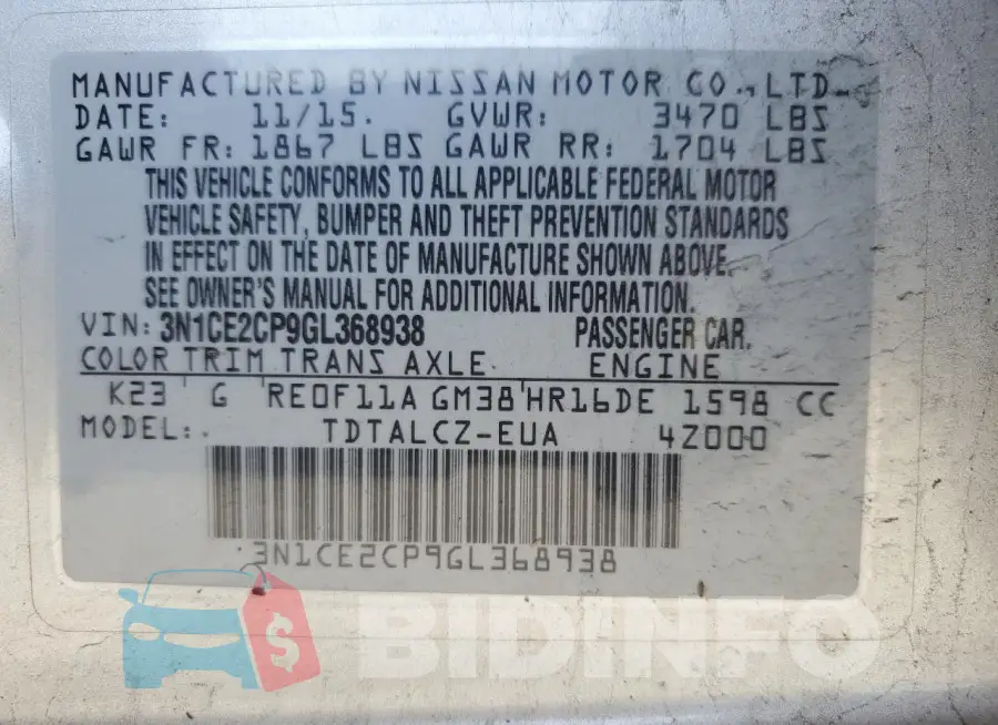 3N1CE2CP9GL368938 Photo# 12