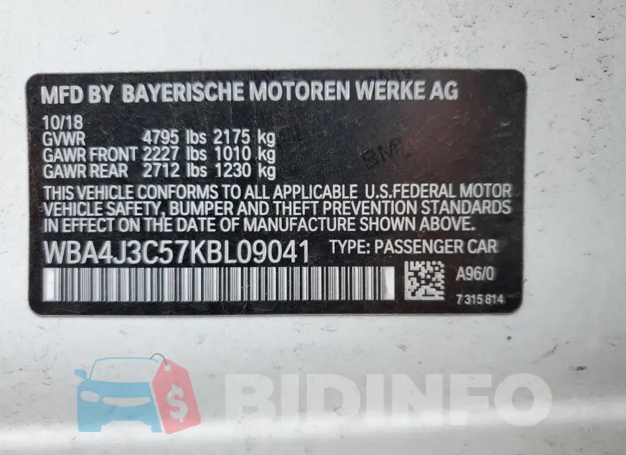 WBA4J3C57KBL09041 Photo# 12