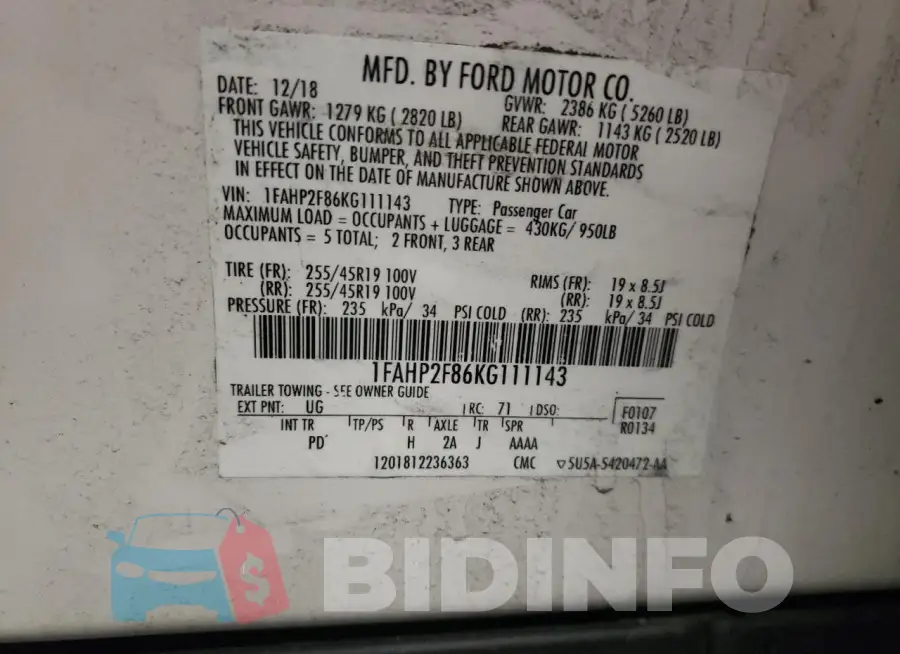 1FAHP2F86KG111143 Photo# 12