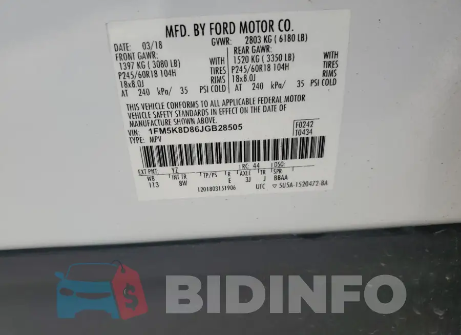 1FM5K8D86JGB28505 Photo# 13