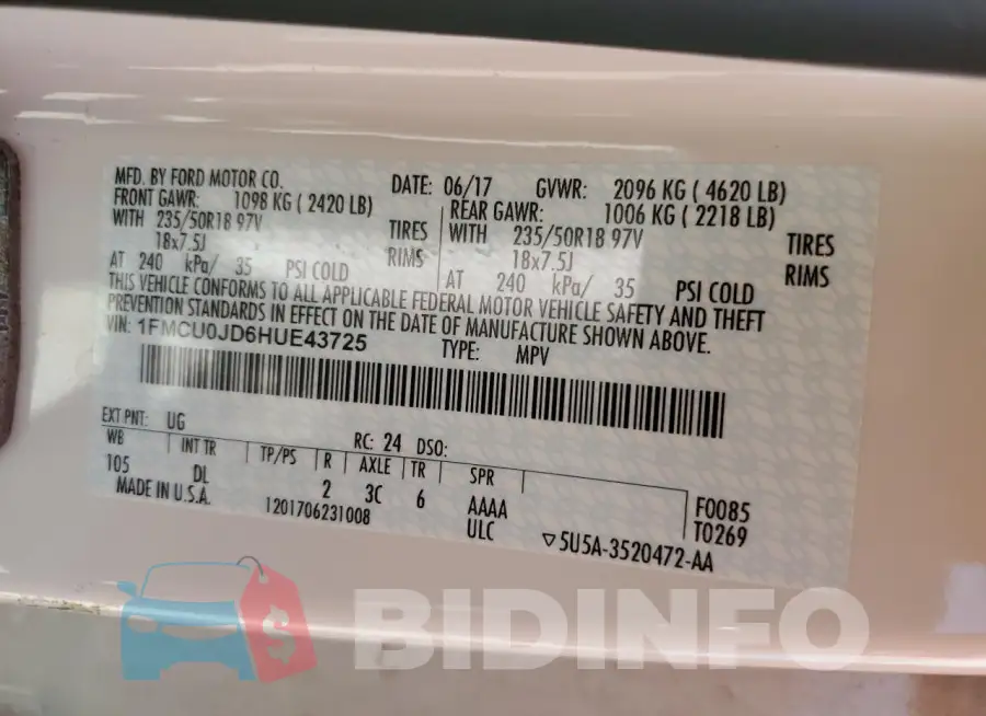 1FMCU0JD6HUE43725 Photo# 14