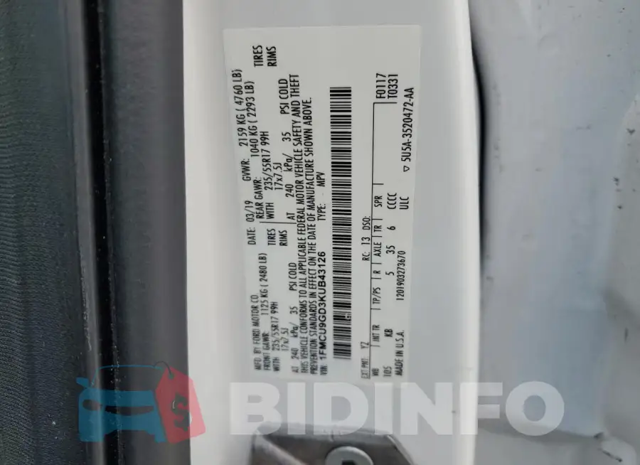 1FMCU9GD3KUB43126 Photo# 13