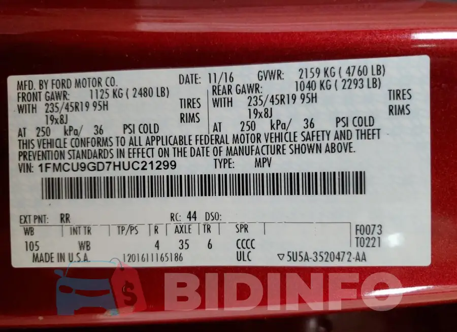 1FMCU9GD7HUC21299 Photo# 14