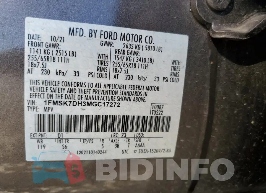 1FMSK7DH3MGC17272 Photo# 13