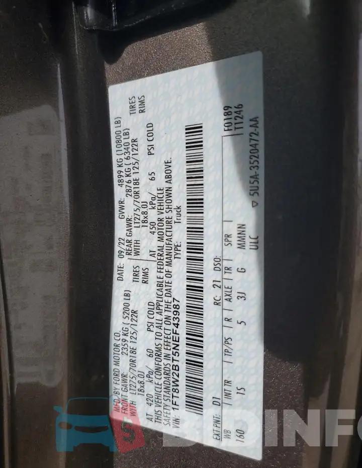 1FT8W2BT5NEF43987 Photo# 12