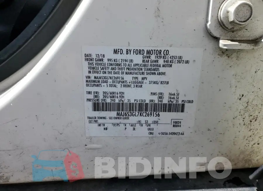 MAJ6S3GL7KC269156 Photo# 13