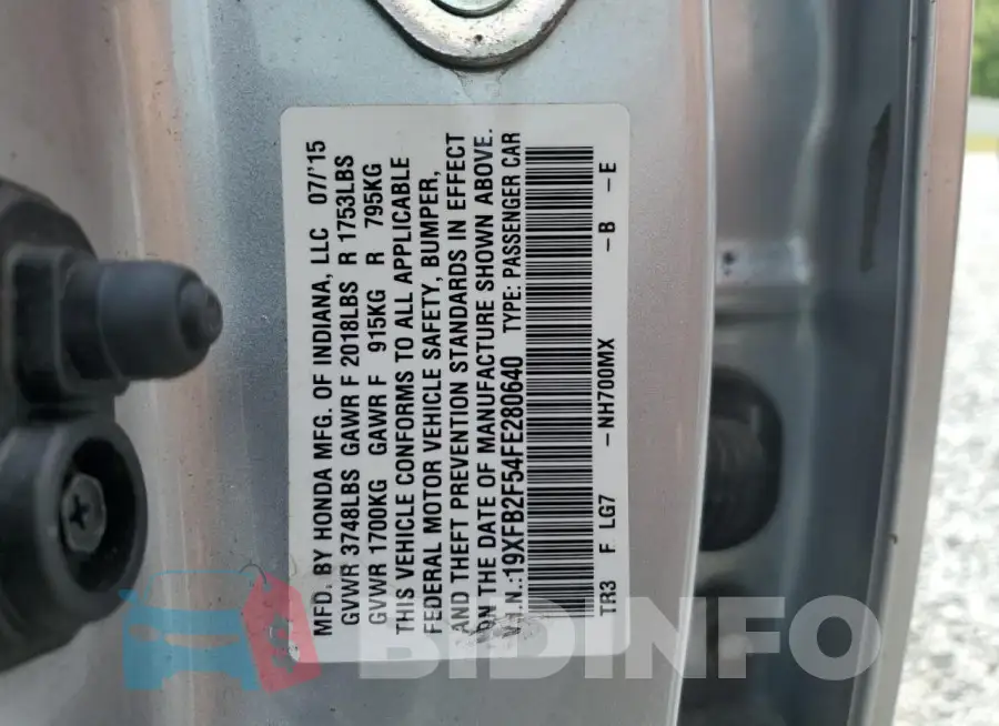 19XFB2F54FE280640 Photo# 12