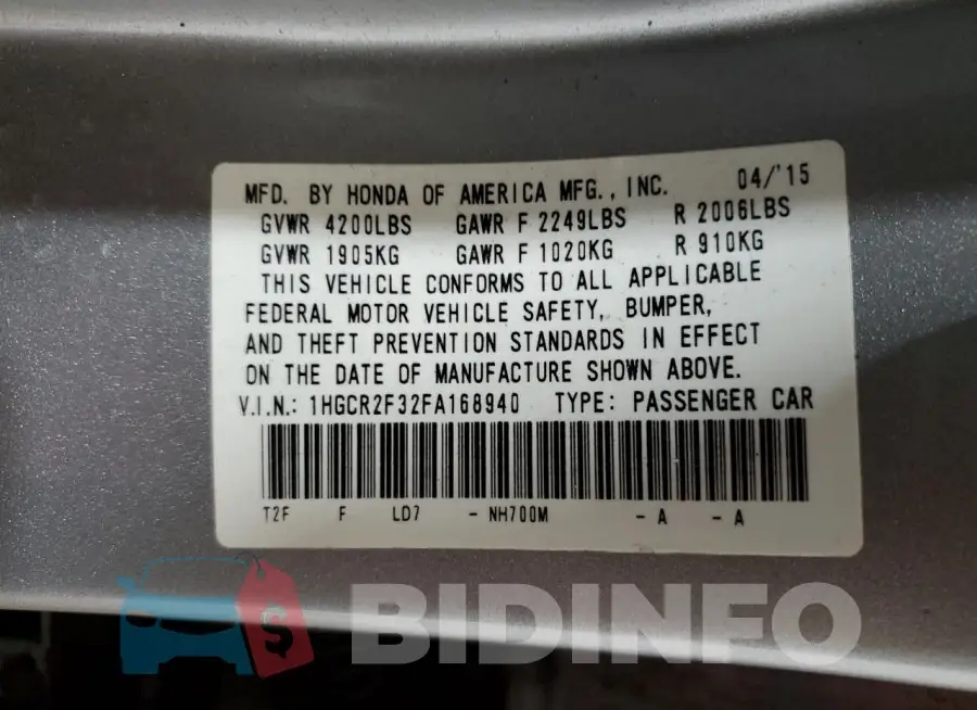 1HGCR2F32FA168940 Photo# 12
