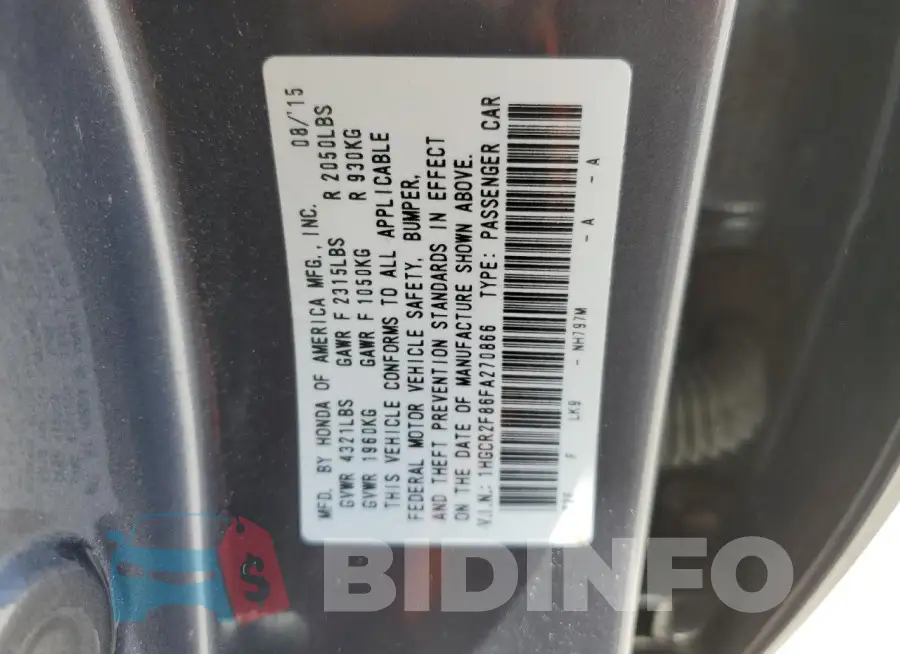 1HGCR2F86FA270866 Photo# 12