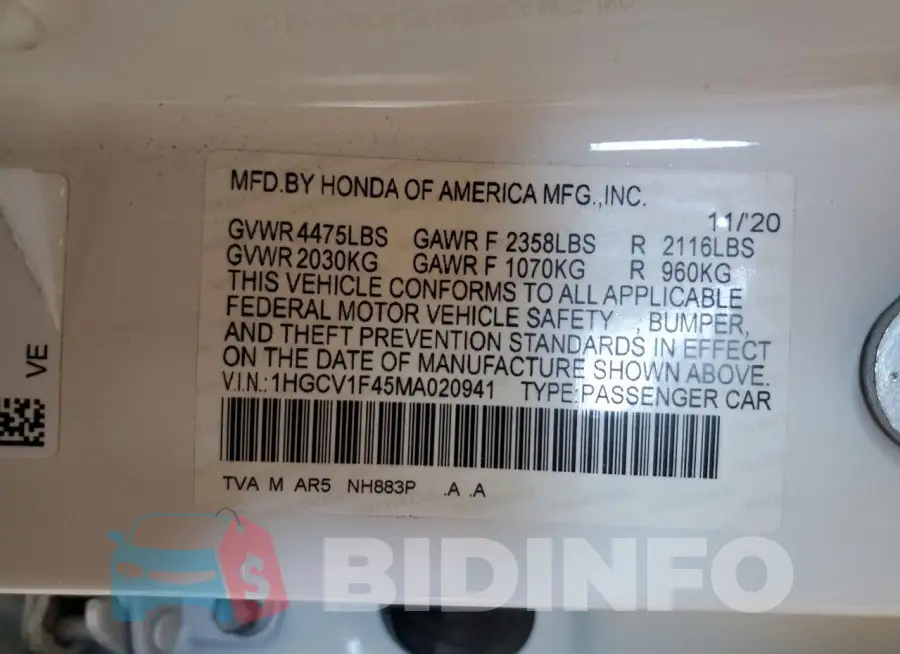 1HGCV1F45MA020941 Photo# 12