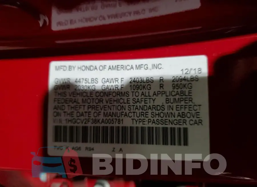 1HGCV2F38KA005781 Photo# 12