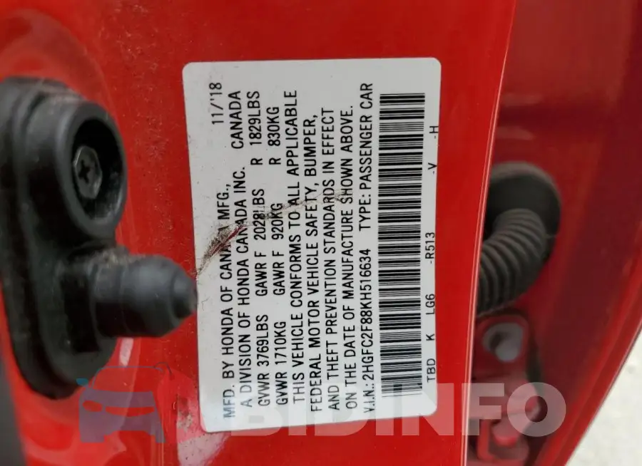 2HGFC2F88KH516634 Photo# 12