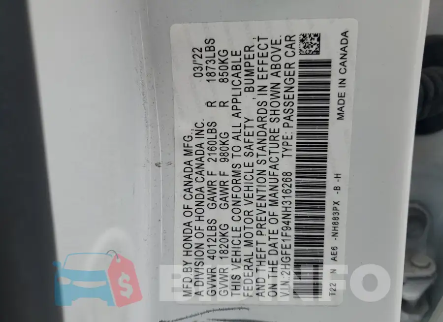 2HGFE1F94NH316268 Photo# 13